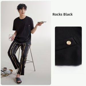 5A Antibacterial Pure Cotton Summer Mens Sleepwear Short Sleeve Long Pants Home Clothes Set Casual Comfortable Breathable