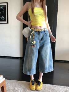 กางเกงขาสั้นผ้ายีนส์ทรงเอเอวต่ำสไตล์ย้อนยุคสำหรับผู้หญิง กางเกงขายาวทรงตรง ทรงสลิม พร้อมเข็มขัด กางเกงขายาวทรงเอเอวต่ำ