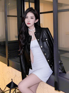 American Retro Style Womens Black Motorcycle Jacket PU Leather Coat Short High-End Feel Shoulder Clip Spring New Arrival