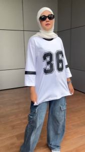 Baju Kaos Angka Nomor Wanita 36 Lengan 7 8 Katun Combed 24s 2 warna Kombinasi Outfit Hijab Friendly