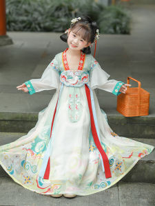 New 2025 Girls Hanfu Long Sleeve Thin Ruched Skirt Yutu Fairy Shadow Little Girls Dress Tang Costume Childrens Traditional Chinese Clothing