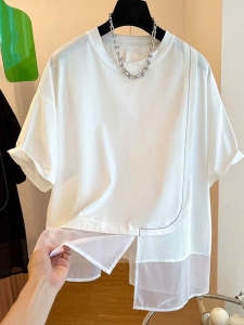 plus Size Womens Summer Thin Short Sleeve T-Shirt Loose Splice Asymmetrical Top Korean Style Casual Wear  And Pear Body Types