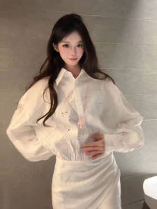 Unique Korean Style Hollow out Long Sleeve Shirt Dress Slimming Short Skirt Waist Cinched Elegant Fashionable Summer Dress