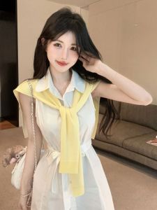 GUZILIAN | College Style Anti-Aging Pure Desire Knitted Small Shawl Polka Dot Polo Collar Sleeveless Dress Two-Piece Set White Belted