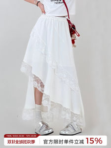 กระโปรงทรงเอผ้าลูกไม้สีขาวไม่สมมาตรสำหรับผู้หญิง ฤดูร้อน 2024 กระโปรงทรงเอเอวสูง ความยาวปานกลาง สไตล์ใหม่