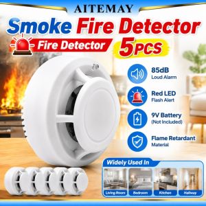 Aitemay 5pc Independent Smoke Alarm Battery Powered Easy Install Fire Detector For Home Kitchen Office Security Warning System 9V