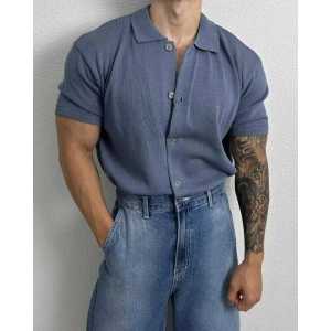 Slim Fit Knitted Polo Shirt Mens Korean Style Fitness Open Cardigan Turn-down Collar Blue Short Sleeve Thin Summer T-shirt