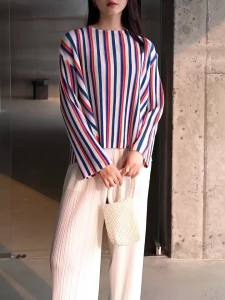 10024 One Size (45-75kg) Early Spring Sanzhai Pleated Striped Printing And Dyeing Loose Leisure All-Matching T-Shirt