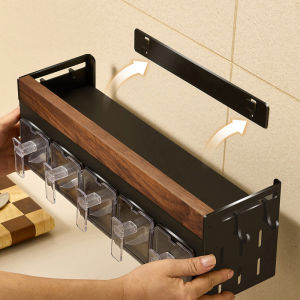 Black Walnut Kitchen Storage Rack Wall Mounted Spice Box Set No Drilling Required Oil Salt Sauce Condiment Bottle Rack Set