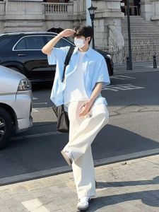 Light Blue Ice Silk Drape Shirt Short Sleeve Summer Japanese Style Youthful Clean Boys Outfit Thin Outerwear American Casual