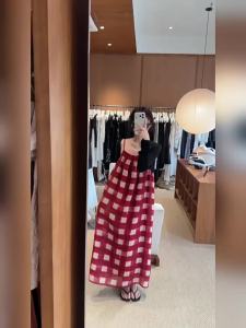 PEIZIXUAN | French Attractive Red Check Halter Dress