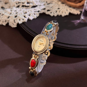 Colorful Turquoise Ladies Wristwatch Bracelet New Popular Luxury Vintage Stone Embedded Elegance Quartz Watch for Women