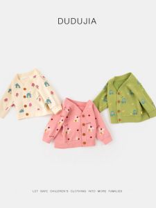 Autumn Clothes Cotton Blend Fabric V-Neck Single Button Closure Cartoon Design Girls Coat Baby Sweater Cardigan Spring Season