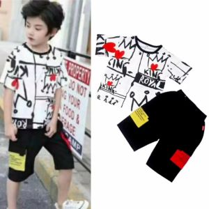 SETELAN ANAK LAKI IMPORT MURAH CASUAL TSHIRT COTTON WHITE ROYAL KING CELANA PENDEK KATUN