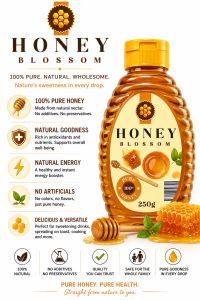 Honey Blossom Pure 100% 250g Bottle with Yellow Cap and Beehive Design
