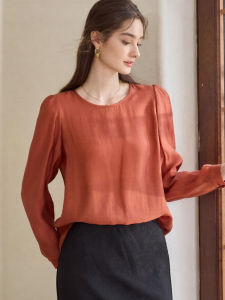 Roey s house | Elegant Caramel Round Neck Puffy Sleeves Shirt for Work 11067