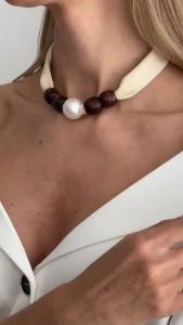KunJoe Vintage Imitation Pearl Wood Beaded Short Chokers Necklace for Women Elegant Velvet Rope Neck Chain Jewelry on the Neck