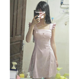 Sweet Korean Style Pink off Shoulder Bridesmaid Dress Womens Spring New Slimming High Waist Short Skirt with Puffy Sleeves