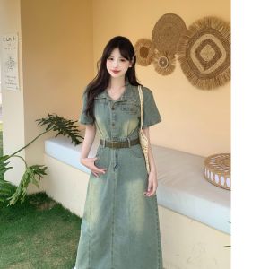 plus Size Polo Neck Short Sleeve Denim Dress Slimming Waistline Concealing Flattering Long Summer New Style Retro Distressed