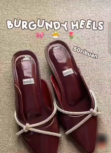 Ladang Online - ZAHRA Mules Sepatu Heels Wanita Tali Permata Hak 3 cm Burgundy Marun Hitam