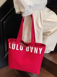 LULU Canvas Tote Bag Womens Fashionable All-Match Letter Bag Single Shoulder Handbag Commuter Bag Large Capacity Shopping Bag