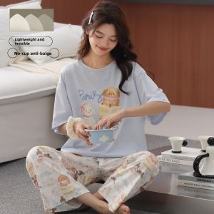 Miiow | Catwoman Summer New Loose Cotton Sleepwear Womens Short Sleeve Long Pants Cartoon Cute Home Clothes Set Sweet Cute Style