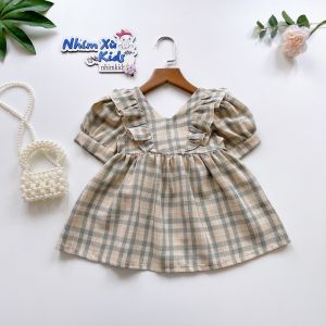 Váy caro bèo xám tay ngắn chất thô đũi cho bé gái 4 đến 30kg [V505]