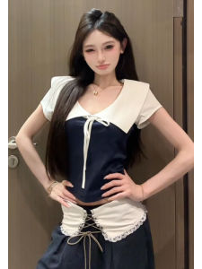 YUEZHONGWEI | เสื้อยืดแขนสั้นผู้หญิงฤดูร้อน ปักลายผีเสื้อ ผูกโบว์ ทรงเข้ารูป สไตล์เกาหลี ผ้าฝ้ายผสมโพลีเอสเตอร์ ปกติ