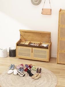 ZHUTING | Japanese Style Rattan Weave Shoe Bench with Shoe Cabinet In-Door