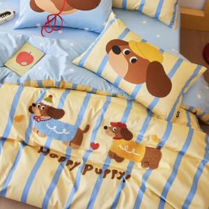 DOHIA | Cotton Bedding 4-Piece Set Puppy Applique