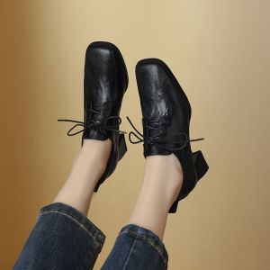 หนัง รองเท้าบูทสั้นฝรั่งเศส ผู้หญิง ฤดูใบไม้ร่วง ฤดูหนาว รองเท้าส้นสูงส้นหนารองเท้าไม่มีส้นรองเท้าข้อเท้าใหม่รองเท้าเดี่ยวสไตล์โรมัน