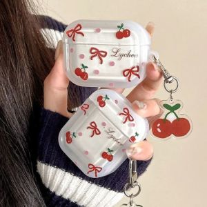 Ốp bảo vệ hộp tai nghe bluetooth đồ treo móc khóa anh đào màu Đỏ hoạt hình tương thích với AirPods 2 3 4 Pro Tai nghe bluetooth chống trầy xước chống chống ngã