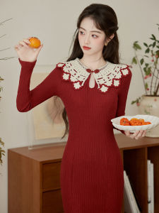 Beautiful Small Skirt Fancy New Chinese Womens Clothing New Year Red Fishtail Knitting Dress Fall and Winter Base Dress