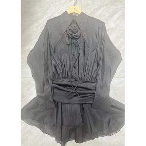 Pure Desire Style Womens Shirt Dress with Lace Hem Waist Cinching Short Cake Skirt Transparent Autumn Early Season Fashion