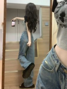 High Waist Denim Jeans Women Summer Thin Straight Leg Hole Design Wide Leg Pants Long Trousers Light Color 18-24 Years Old