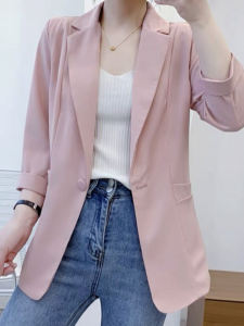 เสื้อสูทผู้หญิงบางจากผ้าไหมน้ำแข็งฤดูร้อน แขนยาวถึงข้อศอก ปกป้องแสงแดด เสื้อสูทแบบลำลอง สีพื้น คอปกสูท กระดุมเดียว