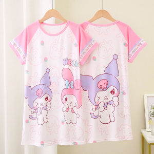 Sanrio Kawaii Sleep Dress Short Sleeve Midi Summer Style for Kids Cartoon Print Milk Silk Casual Home Wear Round Neck Dress