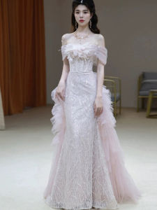 Pink Evening Gown One Shoulder Wedding Dress Luxury Bridal Party Dress Korean Style Sequin mid Waist Long Skirt for Women