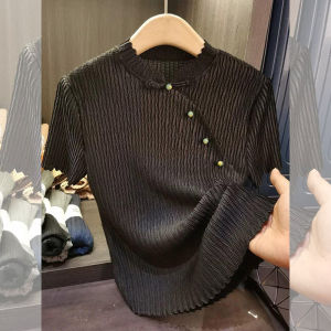 New Chinese Style Pleated Stand Collar T-Shirt Short Sleeve Base Shirt Simple Fashionable Commute Wear Short Pants Regular Sleeve