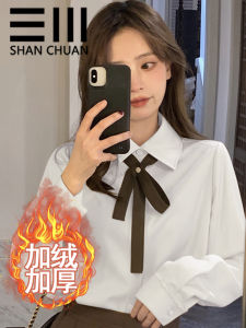 Fleece-lined Thickened Sanding Underwear Stylish Autumn and Winter College Style Loose Fresh Bow Top Long Sleeves Shirt for Women