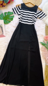 MYDU SALE : Đầm Maxi MS 1941 Kẻ Sọc Dáng Dài Phối Voan Xẻ Đùi Sang Xinh