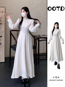 Váy Dài Màu Trắng Phong Cách Mới Trung Quốc Cỡ Lớn Cho Nữ Mùa Thu Váy Dài Kiểu Pháp Mềm Mại Váy Dự Tiệc Dài