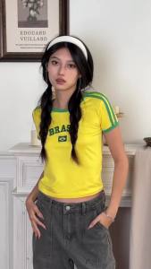 y2k Tops Brazil Football Girl Crop Top Women Letter Embroidery Star Graphic Fairy Grunge Tee Aesthetic Vintage Gothic T-Shirt