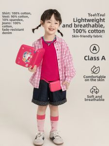 YOEHYAUL | Cool Loose Childrens Suit Plaid Shirt Sleeveless Vest Jeans Shorts