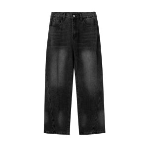 Washed Denim Jeans Mens Loose Straight Leg Micro Wide American Retro Outdoor Casual Long Pants Splicing Design Autumn Fashion