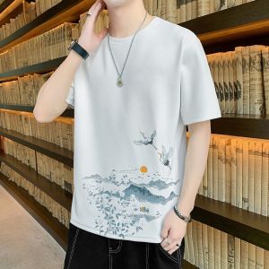 ROMON | Summer Lightweight Printed Round Neck Mens Ice Silk Short Sleeve T-Shirt