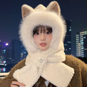 Hearing Protection Plush Integrated Scarf Hat for Women Thickened Warm Ear Protective Design for Autumn Winter Cycling
