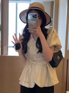 French Waist-Cinching Slimming Bubble Sleeve Shirt New 2025 Summer Chiffon Short Sleeve Womens Top Lightweight Luxury Feel
