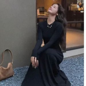 ชุดเดรสทรงเอเอวสูง แขนยาว คอตั้ง ทรงหลวม สไตล์ Hebe สำหรับผู้หญิงในฤดูใบไม้ร่วงและฤดูหนาว