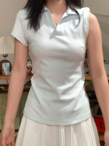 YUEZHONGWEI | Retro American Blue Short Sleeve T-Shirt Women Summer Design Slim Fit Short Style Commute Style Pure Color Moisture Wicking